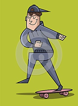 Young guy riding a skateboard, vector illustration