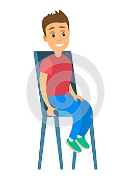 Young guy is sitting on a chair vector illustration. Funny person, cute boy isolated on white