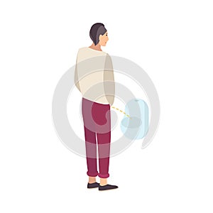 Young guy standing and peeing into urinal isolated on white background. Male flat cartoon character urinating in men s