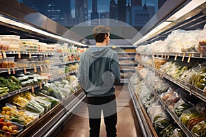 A young guy stands in a supermarket and chooses food in the department with fresh fruits and vegetables. A customer in a