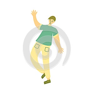 Young guy, student or teenager waving happily. Vector