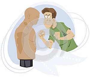 Young guy threatens a boxing maneken. Training with punching bag. Illustration for internet and mobile website. Funny people