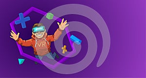 Young guy in VR headset flying among 3D objects on black background. Happy kid in virtual reality. Colorful flat line