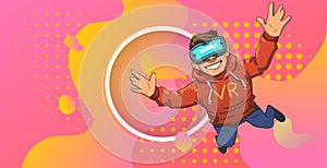 Young guy in VR headset flying on colorful abstract neon background with circle in the middle. Happy kid playing in