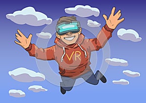 Young guy in VR headset flying in the sky. Happy kid in virtual reality. Colorful flat line vector illustration