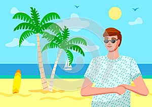 Young guy wearing sunglasses, t-shirt at beach, sea, yacht, palms, surfer board background