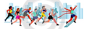 Young guy wins in city marathon. Vector flat cartoon horizontal illustration. Winner man with red ribbon on finish line