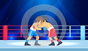 Young guys muscular boxers in boxing gloves stand in a clinch in the ring. Cartoon characters boy vector illustration