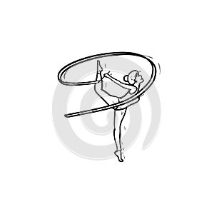 Young gymnast woman with ribbon hand drawn outline doodle icon.