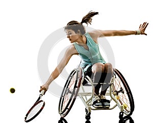 Young handicapped tennis player woman welchair sport isolated si photo