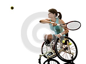 Young handicapped tennis player woman wheelchair sport isolated