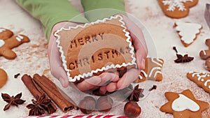 Young hands holding gingerbread christmas cookie