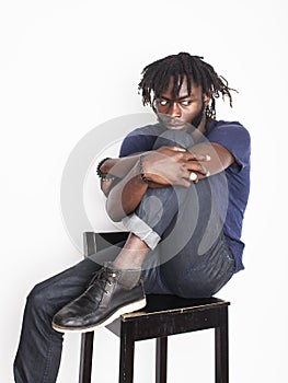 Young handsome afro american man, angry look, weed junky isolated on white, problem teenage, depression greef