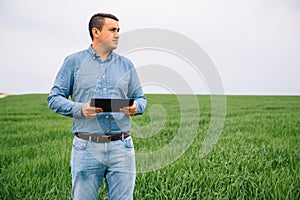 Young handsome agronomist, agriculture engineer standing in green wheat field with tablet in hands in early summer. Agribusiness