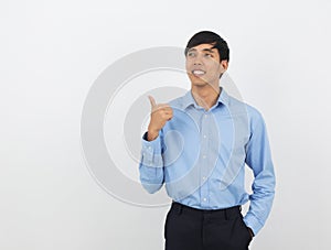 Young handsome asian business man smiling and showing thumbs up isolated on white background.