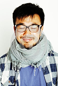 Young handsome asian man hipster in glasses on white background