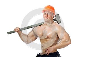 Young and handsome builder with a sledgehammer and body