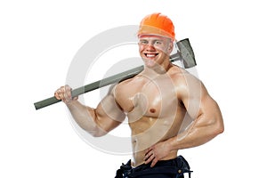 Young and handsome builder with a sledgehammer and body