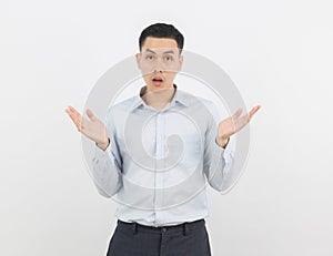 Young handsome business asian man making doubts gesture isolated on white background.