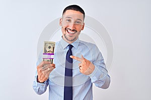 Young handsome business man holding a bunch of dollars bank notes over isolated background very happy pointing with hand and