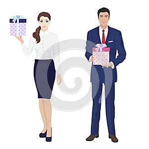 Young handsome businessman and beautiful busineswomen secretary with present gift box.