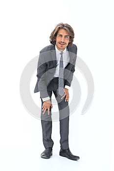 Young handsome businessman bending down.