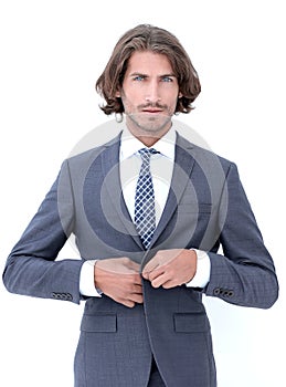 Young handsome businessman bending down.