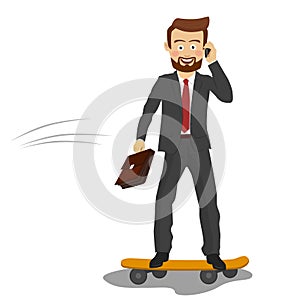 Young handsome businessman with briefcase talking on the phone riding his skateboard