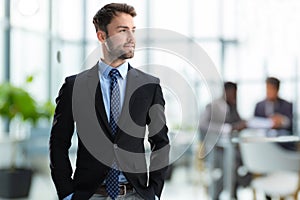 Young handsome businessman smiling in an office environment