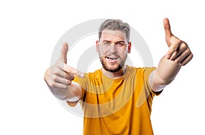 Man making yeah gesture