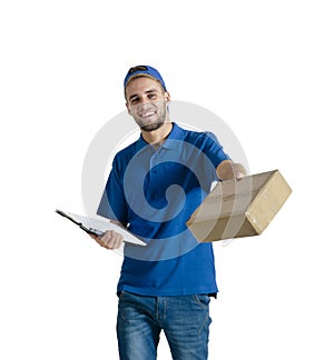 Young handsome courier guy making delivery of parcel