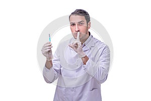 Young handsome doctor with syringe isolated on white