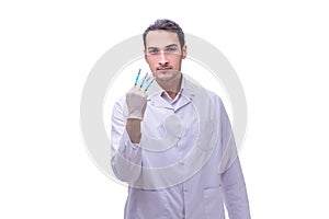 Young handsome doctor with syringe isolated on white