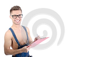 Young handsome handyman. White background.