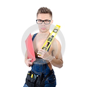 Young handsome handyman. White background.