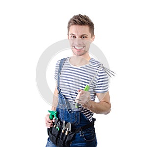 Young handsome handyman. White background.