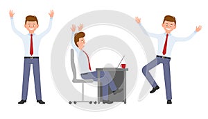 Young, handsome, happy office man in formal wear jumping, sitting, standing hands up, having fun