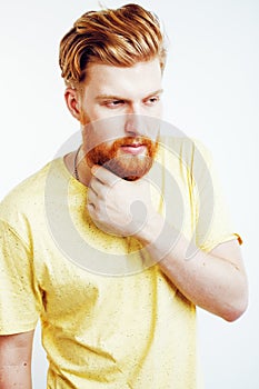 Young handsome hipster bearded guy looking brutal isolated on white background, lifestyle people concept