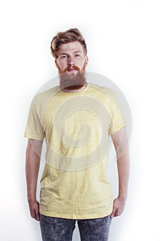 Young handsome hipster ginger bearded guy looking brutal isolated on white background, lifestyle people concept