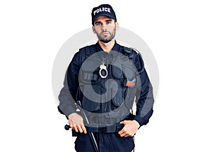 Young handsome man with beard wearing police uniform relaxed with serious expression on face