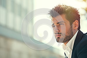 Young handsome man bearded. Hairstyle outdoors. Hope attitude