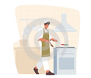 Young Handsome Man Cooking on Kitchen at Home or Restaurant. Happy Male Character in Uniform and Toque Holding Pan