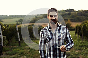 Young handsome man drinking wine in vineyard