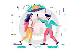 Young handsome man protects attractive woman from rain.