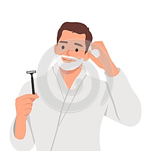Young handsome man shaving his beard over isolated background having doubts and with confuse face expression