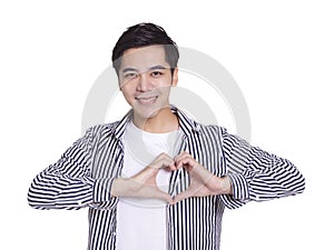 The young and handsome man showing  heart-shaped gesture on his left chest.Isolated on white background