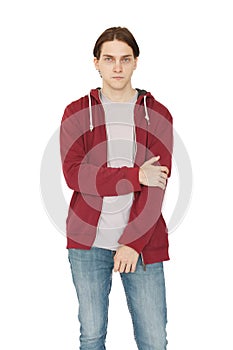 Young handsome man wearing red casual zip-up hoodie standing over isolated white background thinking looking tired and bored with