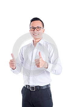 Young handsome man wearing white shirt doing thumbs up