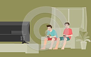 Young handsome men character, playing an console online game by connect the internet on large flat screen television in the living