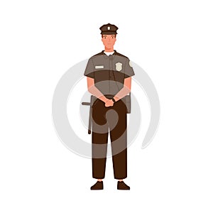 Young handsome police officer or cop isolated on white background. Policeman in uniform equipped with walkie talkie and